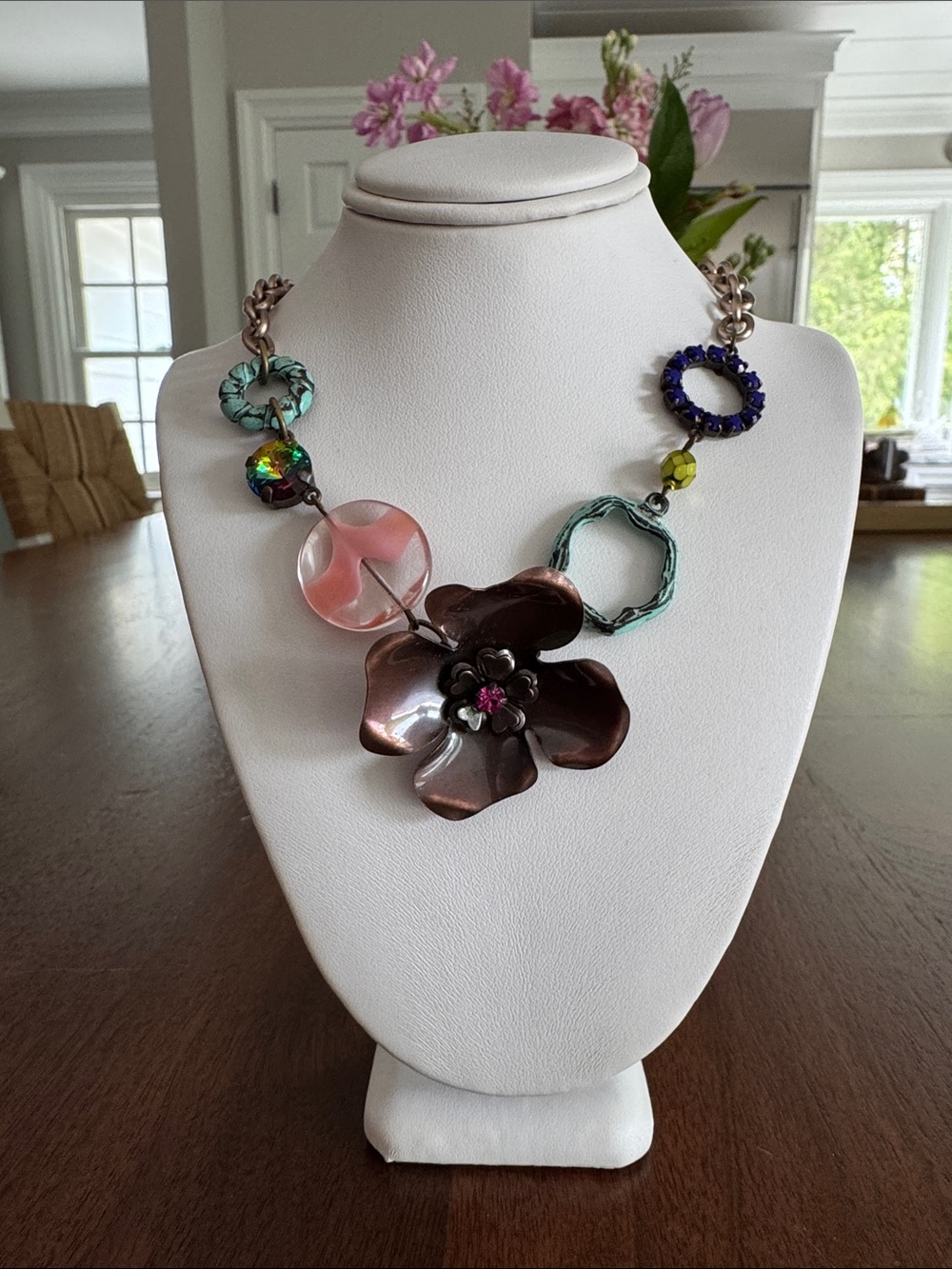 Sabika Mixed-Metal Floral Statement Necklace with Pink and Teal Accents